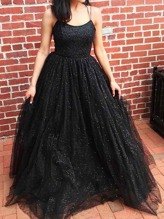 Stunning A-Line Scoop Neck Cross Back Black Sequins Tulle Long Prom Dresses cg11388