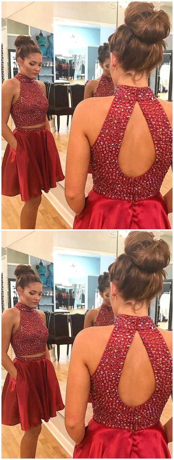 Sexy Two Piece Short Rhinestone Cute Red Homecoming Dresses cg1139
