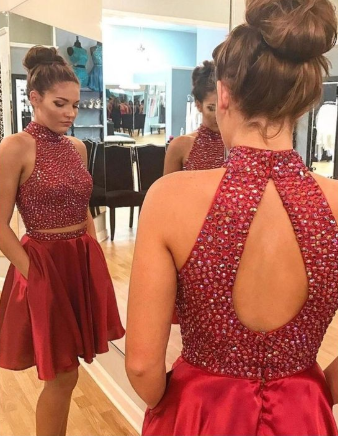 Sexy Two Piece Short Rhinestone Cute Red Homecoming Dresses cg1139