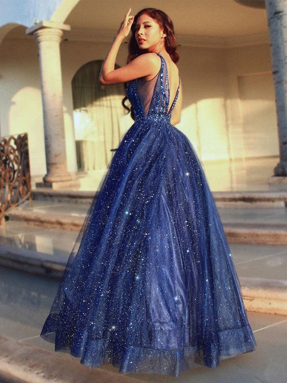 Gorgeous A-Line V Neck Open Back Navy Blue Beaded Long Prom Dresses cg11391