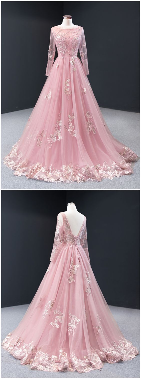 Pink Tulle Long Sleeve A Line Customize Lace Formal Prom Dress, Evening Dress cg11398