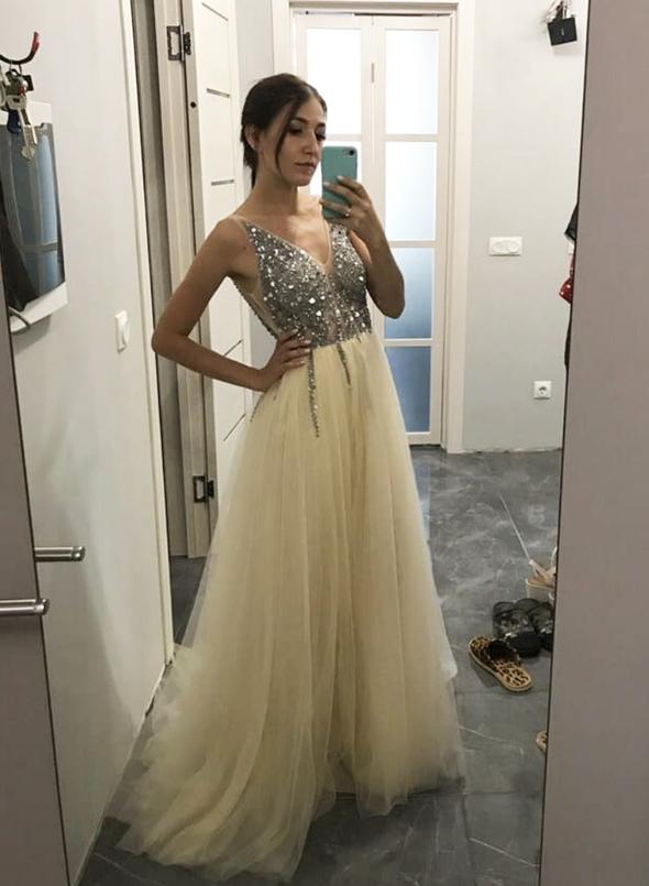 Champagne v neck tulle long prom dress cg11406