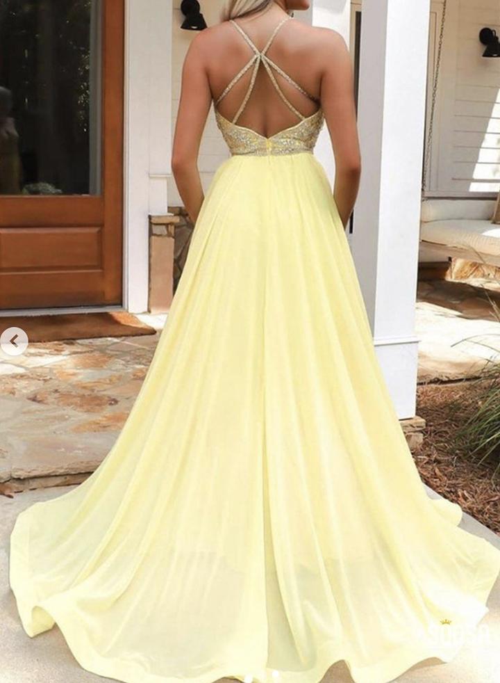 Champagne v neck tulle long prom dress cg11407