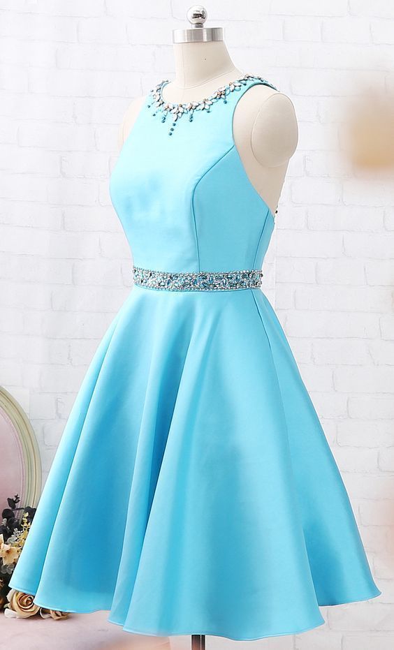 Blue Satin Short Dress, Blue Homecoming Dress, Short Party Gown with Beads Belt cg1141