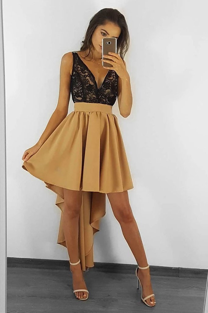 BLACK V NECK LACE SATIN HIGH LOW DRESS LACE HOMECOMING DRESS cg11415
