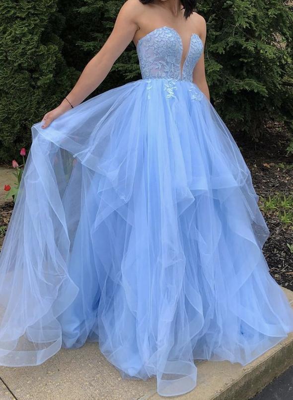 Blue strapless tulle lace long ball gown dress cg11433