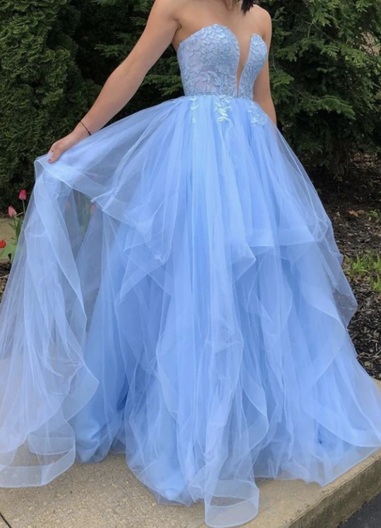Blue strapless tulle lace long ball gown prom dress cg11463