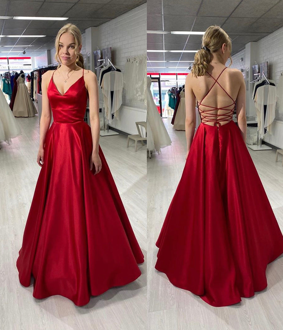 SIMPLE V NECK SATIN LONG PROM DRESS EVENING DRESS cg11470