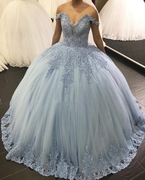 Blue Tulle Appliques Quinceanera Dress Off Shoulder Ball Gown Prom Dresses cg11474