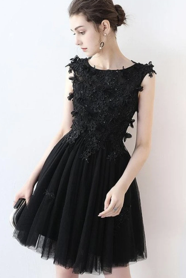 Black Lace Formal Graduation Homecoming Dress, Black Cocktail Dress cg11483