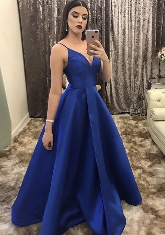 Blue v neck satin long prom dress evening dress cg11507