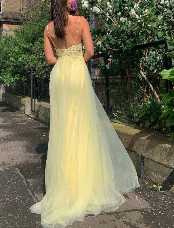 Yellow v neck tulle lace long prom dress yellow formal dress cg11511