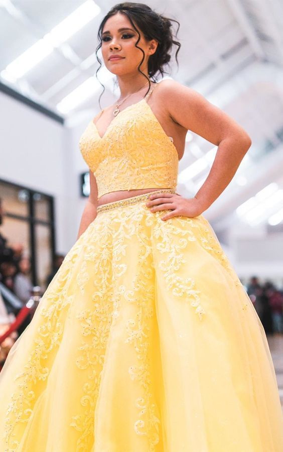 two piece prom dresses, yellow long prom dresses cg11523