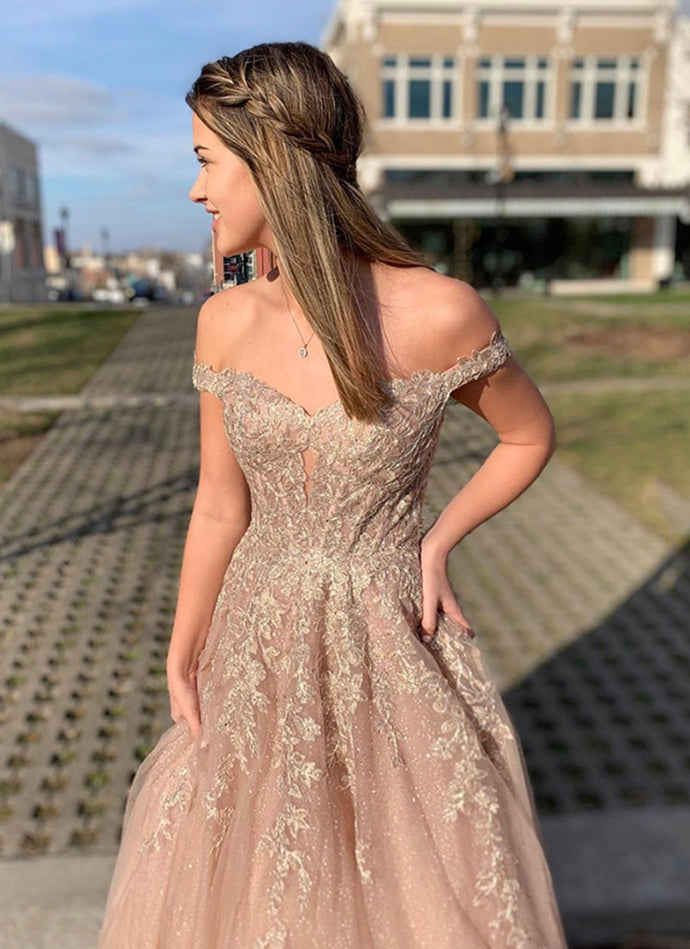 Charming Off Shoulder Tulle Appliques Prom Dress, Champagne Evening Dress cg11541