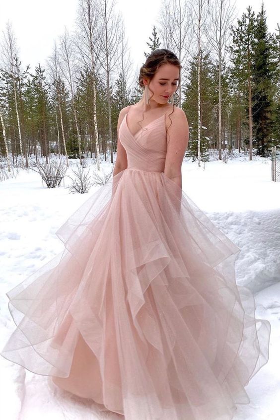straps v neck pink long ball gown prom dress with cascade cg11562