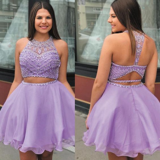 purple two piece dresses short homecoming dresses 2020 beaded halter sexy lavender graduation dress cg11563