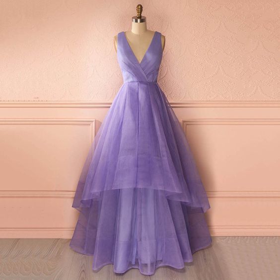 Unique Deep V Neck Floor Length Prom Dress, Lavender Organza Princess Long Prom Dress cg11576