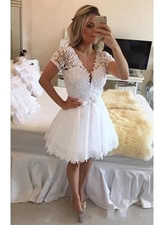 White Short Homecoming Dresses, Short Sleeves V Neck Lace Beaded Top cg11578