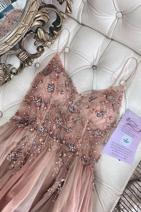 straps A-line rosegold tulle long evening dress with beaded bodice prom dress cg11589