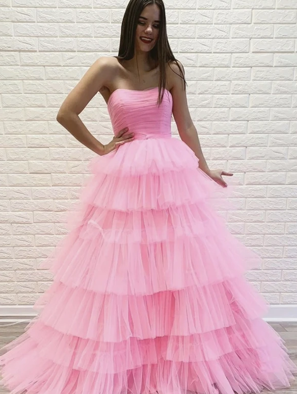 Pink tulle long prom gown pink evening dress cg11613