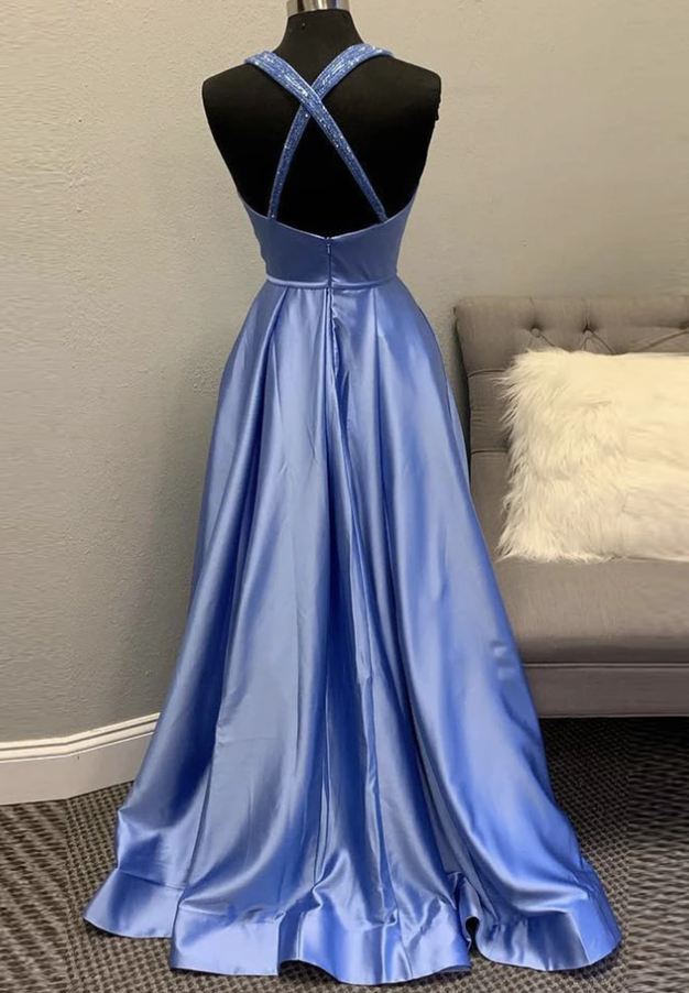 Blue satin long A line prom dress evening dress cg11643