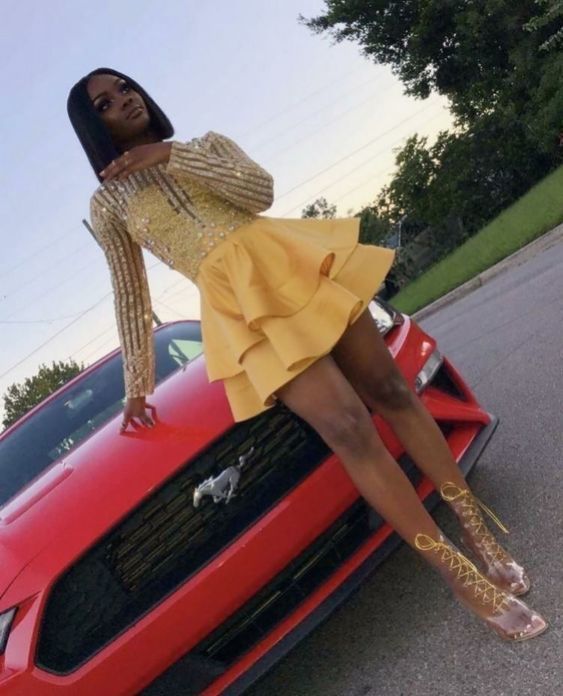 Yellow Long Sleeves Short Homecoming Dress With Beading cg11671