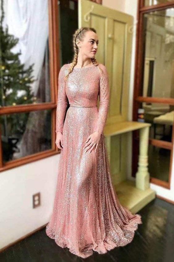 Sparkly Blush Pink Long Prom Dresses with Long Sleeves cg11672