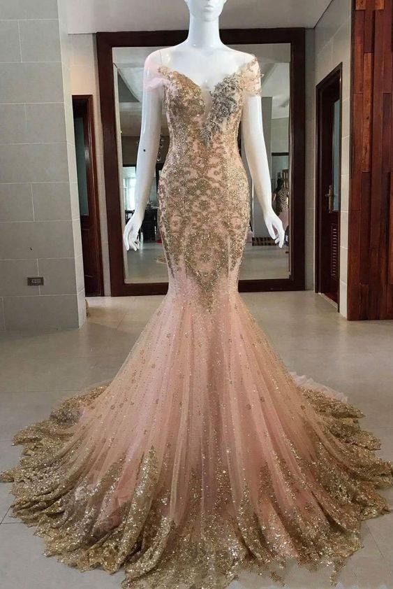 Lace Sheer Neck Illusion Peach Mermaid Prom Evening Dresses Lace Appliques bling bling Crystal Formal party Gowns cg11683