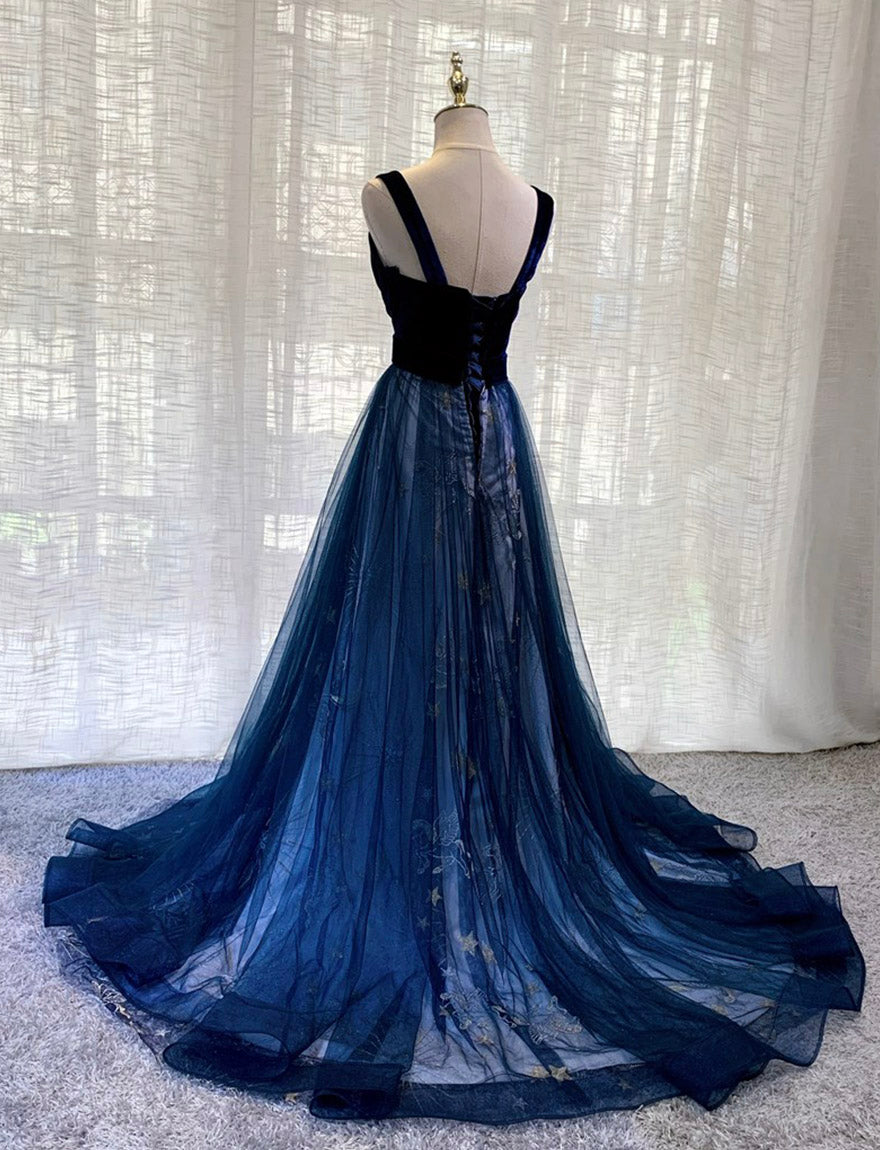 BLUE VELVET TULLE LONG PROM GOWN FORMAL DRESS cg11689