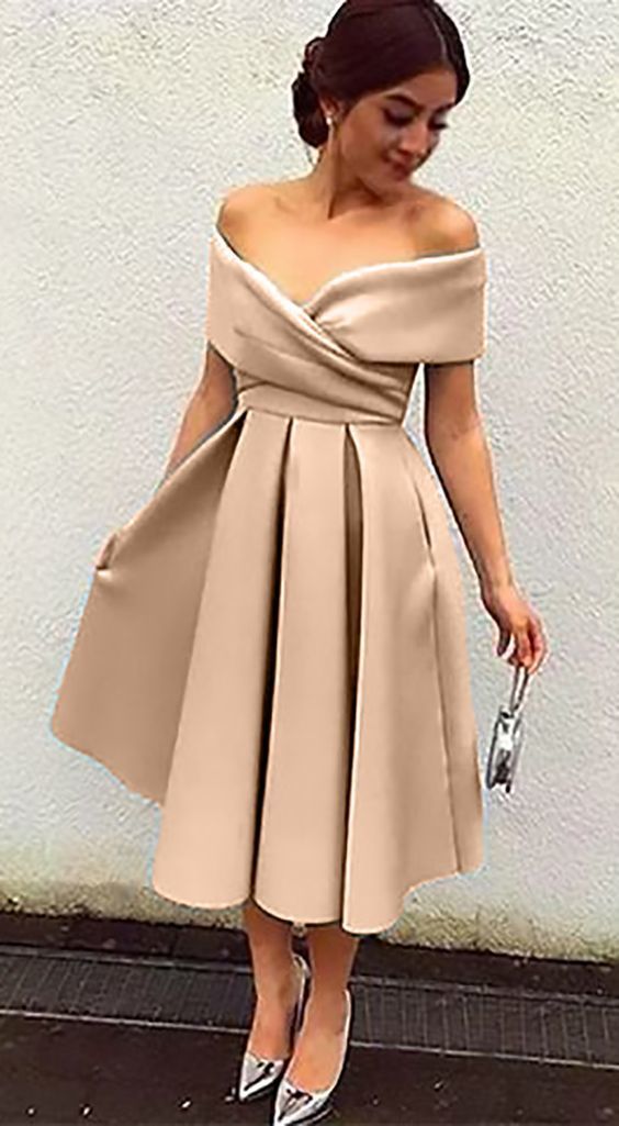 Off the Shoulder Satin Midi Cocktail Dress Homecoming Dress cg11692