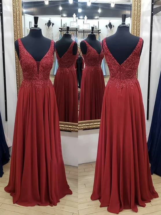 Burgundy chiffon lace long A line prom dress cg11701