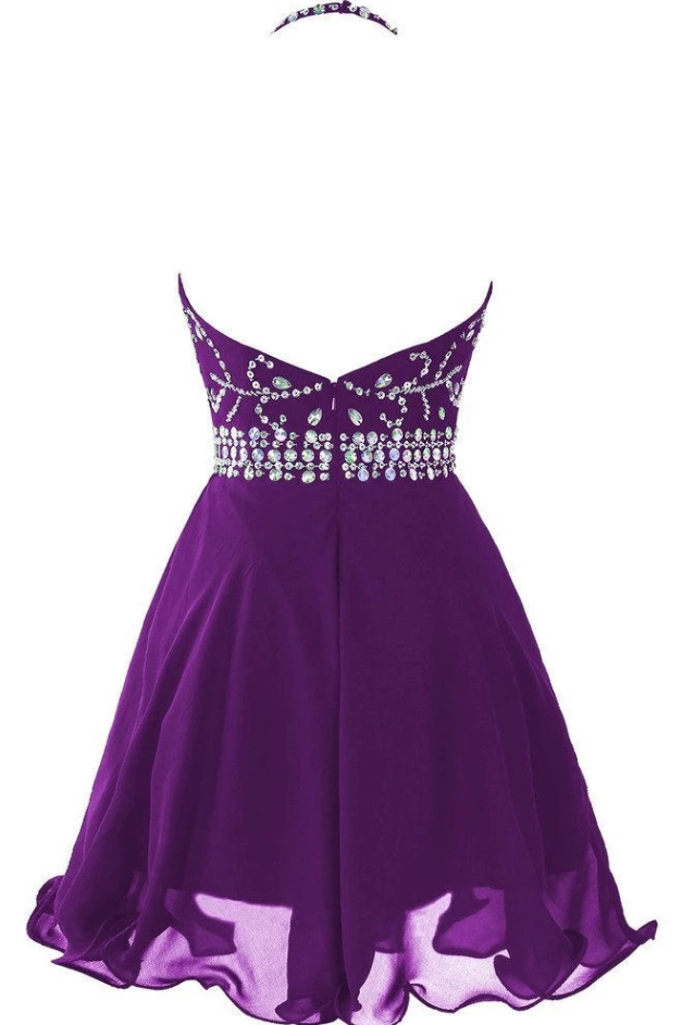 Beautiful Purple Chiffon Halter Beaded Homecoming Dress, Knee Length Party Dress cg11704