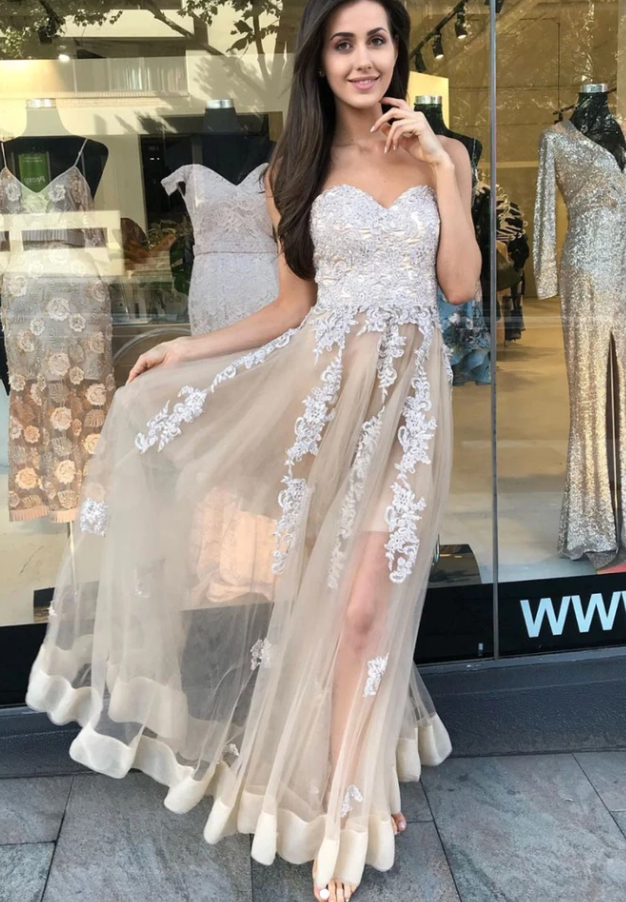 CHAMPAGNE SWEETHEART TULLE LACE LONG PROM DRESS, LACE FORMAL DRESS cg11708