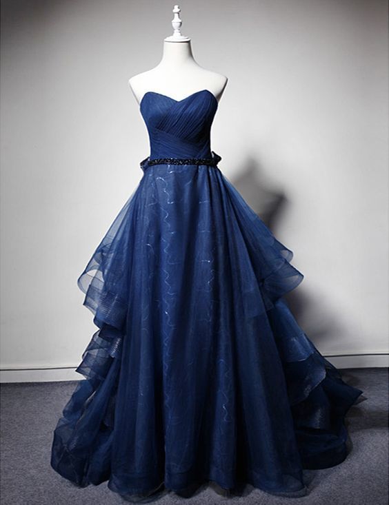 Navy Blue Tulle Strapless Long Layered Custom Size Evening Dress, Sweep Train Prom Dress cg11719