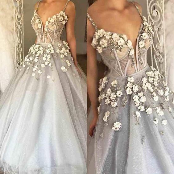 Customize Ball Gown Prom Dress Grey Spaghetti V-Neck Tulle Illusion Aline Flowers Dress Evening Wear Formal Dress Elegant cg11732
