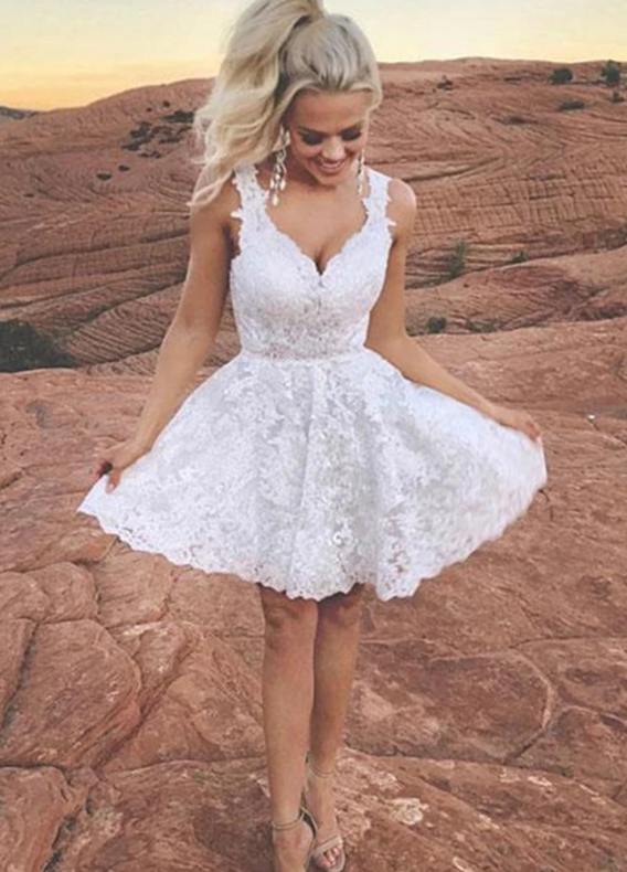 Cute V Neck Short White Lace Homecoming Dress cg11741