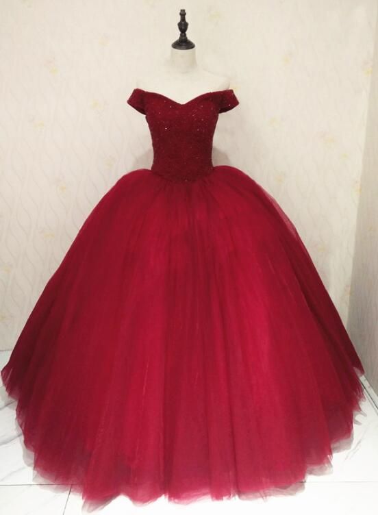 Beautiful Wine Red Off Shoulder Sweet 16 Gowns, Party Dresses 2021, Sparkle Formal prom Dress cg11742