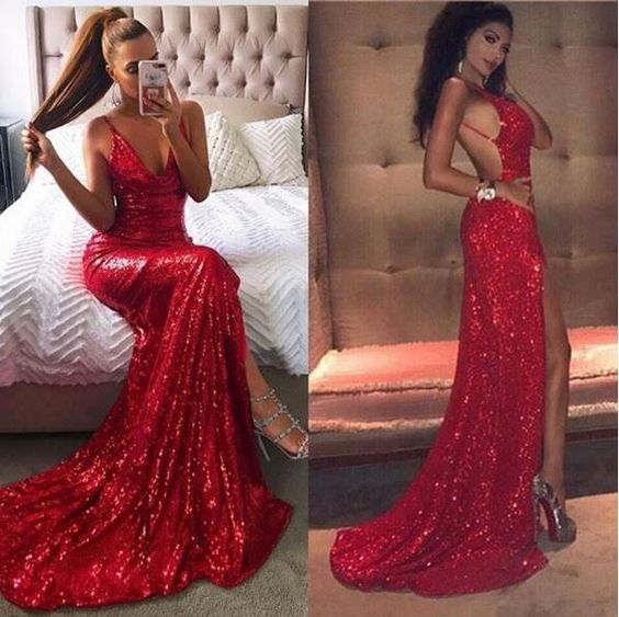 Sexy Red Sequins Evening Dress With Slit Backless Prom Dress cg11751