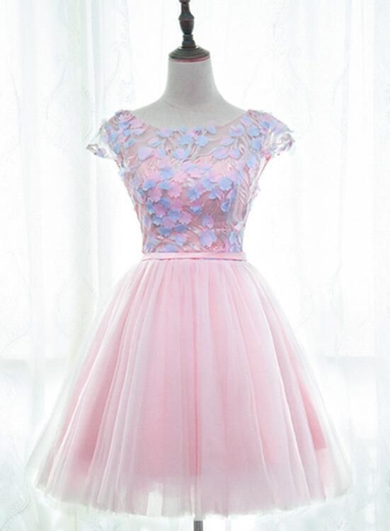 Pink Tulle Cute Girls Party Dresses, Lovely Short Round Neckline with Flowers Party homecoming Dresses cg11755