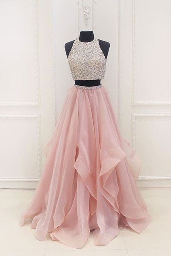 Pink Chiffon Tiered Two Pieces Sequins A-line Beaded Long Evening Dresses,graduation prom Dresses cg11757