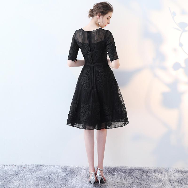 Cute Black Lace Short Sleeves Party Dress, Black Lace Homecoming Dress cg11776