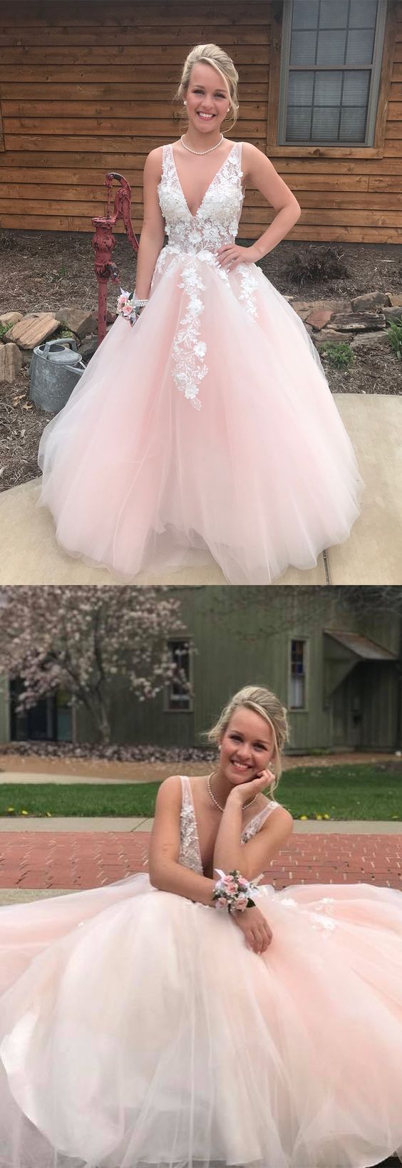 Pink V neck Tulle Long Prom Dress with white Appliques, Formal Dress cg11810