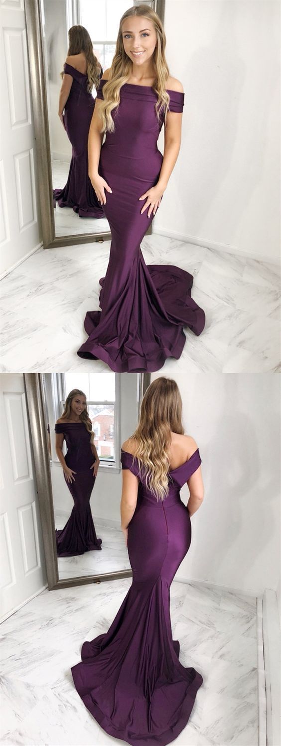 Mermaid Off-the-Shoulder Sweep Train Grape Prom Dress With Ruched cg11817