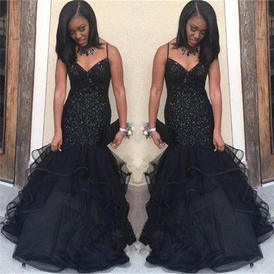 Black V-neck Spaghetti Prom Dresses | Sequins Ruffles Evening Gowns cg11818