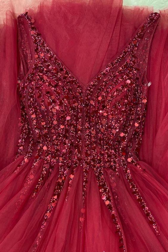 stunning A-line red tulle long prom dress formal dress with sequins top cg11834