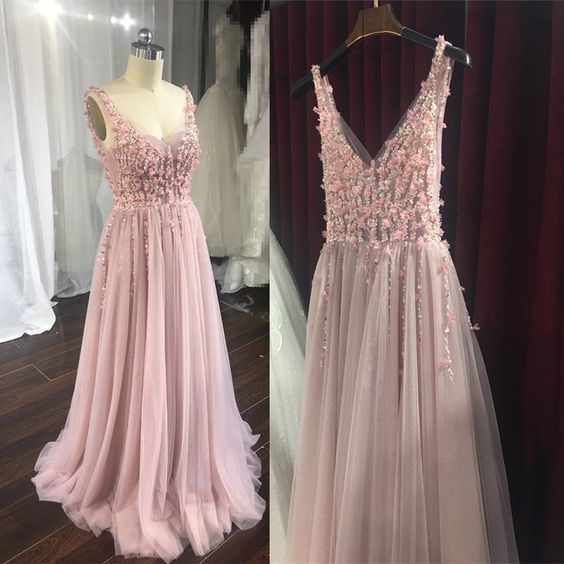 Charming Pink Flower And Beaded Backless Gown, High Quality Formal prom Dress cg11858