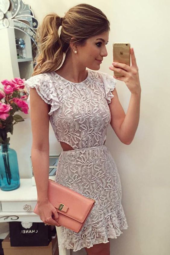 Sheath Jewel Neck Capped Sleeve Appliques Short/Mini Homecoming Dress cg11879