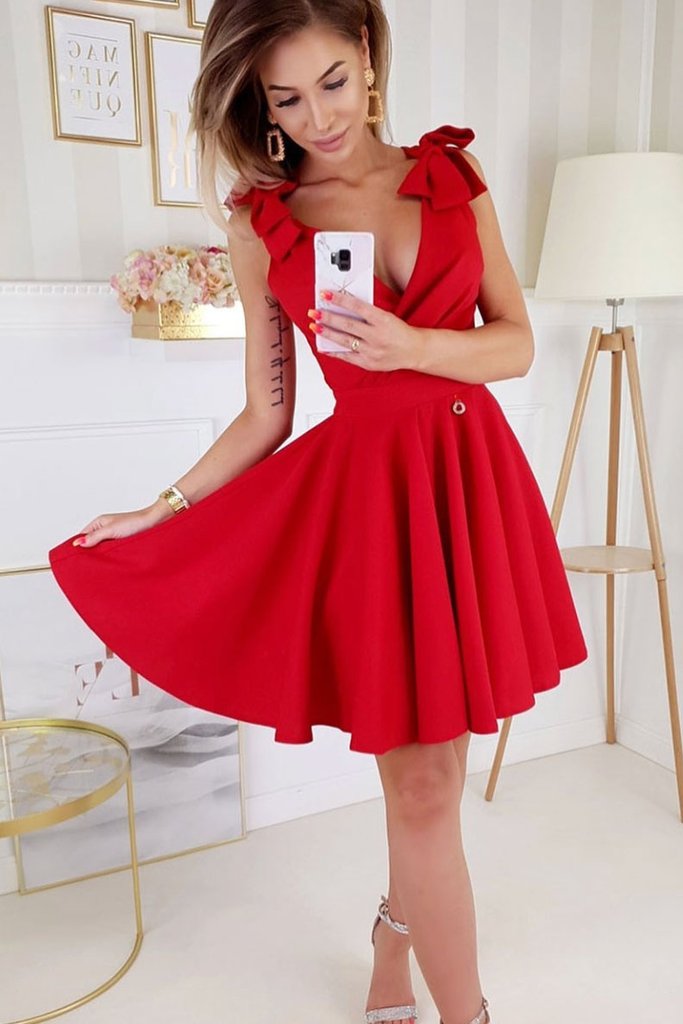 RED V NECK SATIN SHORT DRESS RED SATIN HOMECOMING DRESS cg11899