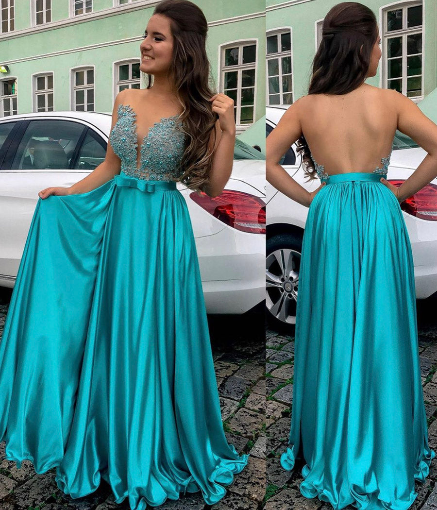 BLUE SATIN LACE LONG PROM DRESS EVENING DRESS cg11901