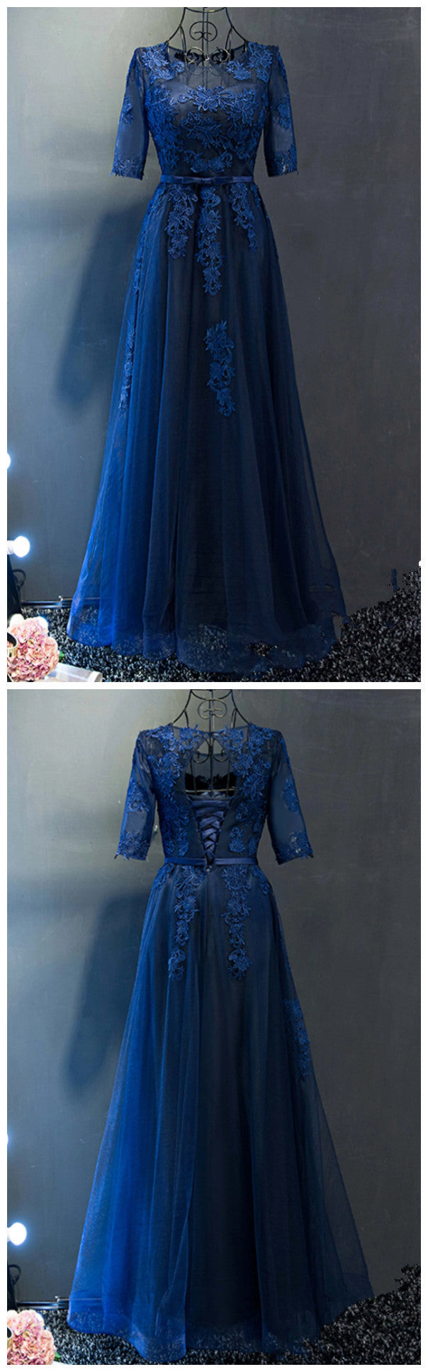 Navy Blue tulle see-through short sleeves lace applique long prom dress cg11915